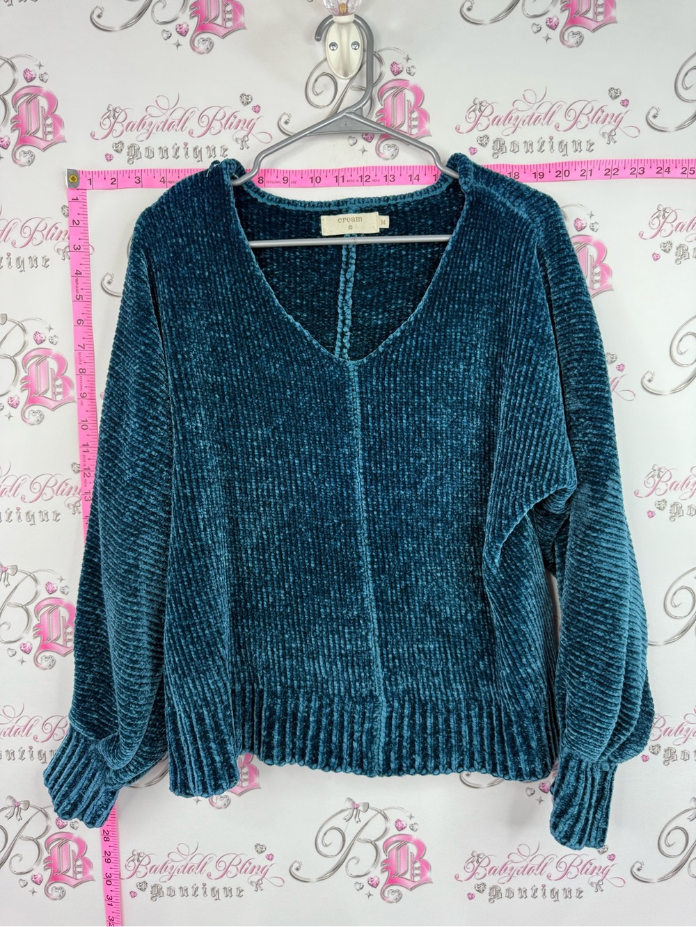 Cream long sleeve knit sweater top soft Teal Chenille V-Neck Sweater
